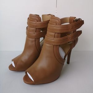 (NEW) Michael Kors Leather Open Toe Bootie in Tan (Size: 6.5)